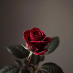 A single, deep crimson rose in a close-up, slightly low-angle shot, in full bloom yet with a soft, closed bud-like quality
