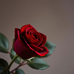 A single, deep crimson rose in a close-up, slightly low-angle shot, in full bloom yet with a soft, closed bud-like quality