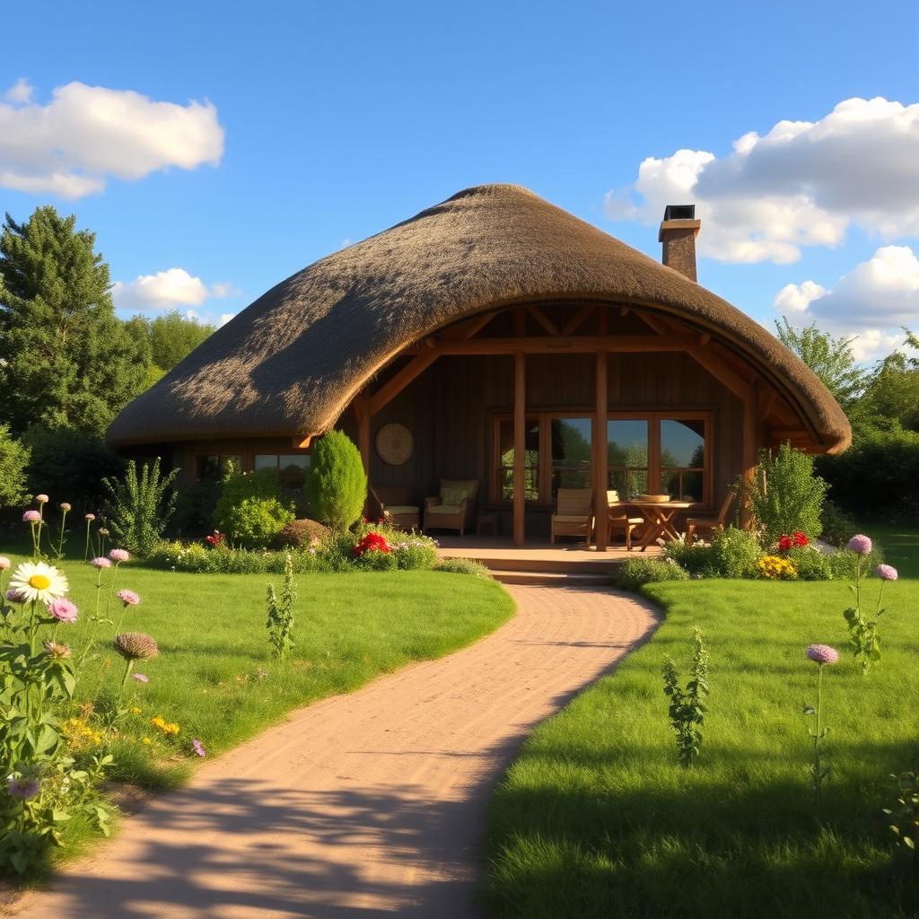 A hyperboloid-shaped rustic cottage nestled in a serene countryside setting