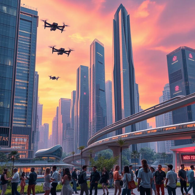 A futuristic cityscape featuring sleek, towering skyscrapers made of glass and steel, with neon lights illuminating the streets below