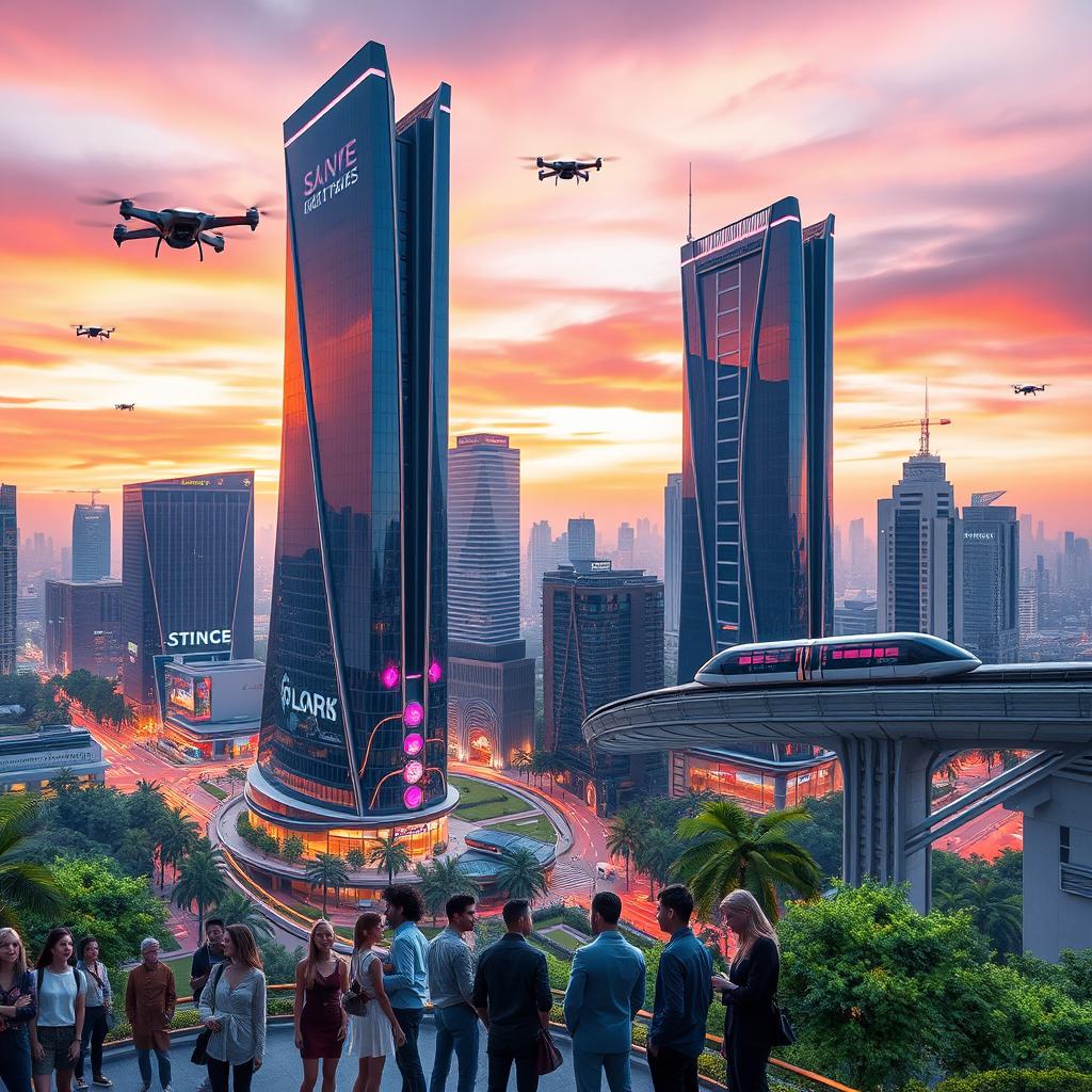A futuristic cityscape featuring sleek, towering skyscrapers made of glass and steel, with neon lights illuminating the streets below