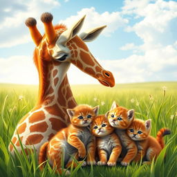A heartwarming scene featuring a mother giraffe tenderly caring for her young, surrounded by a playful mother kitten with two adorable kittens