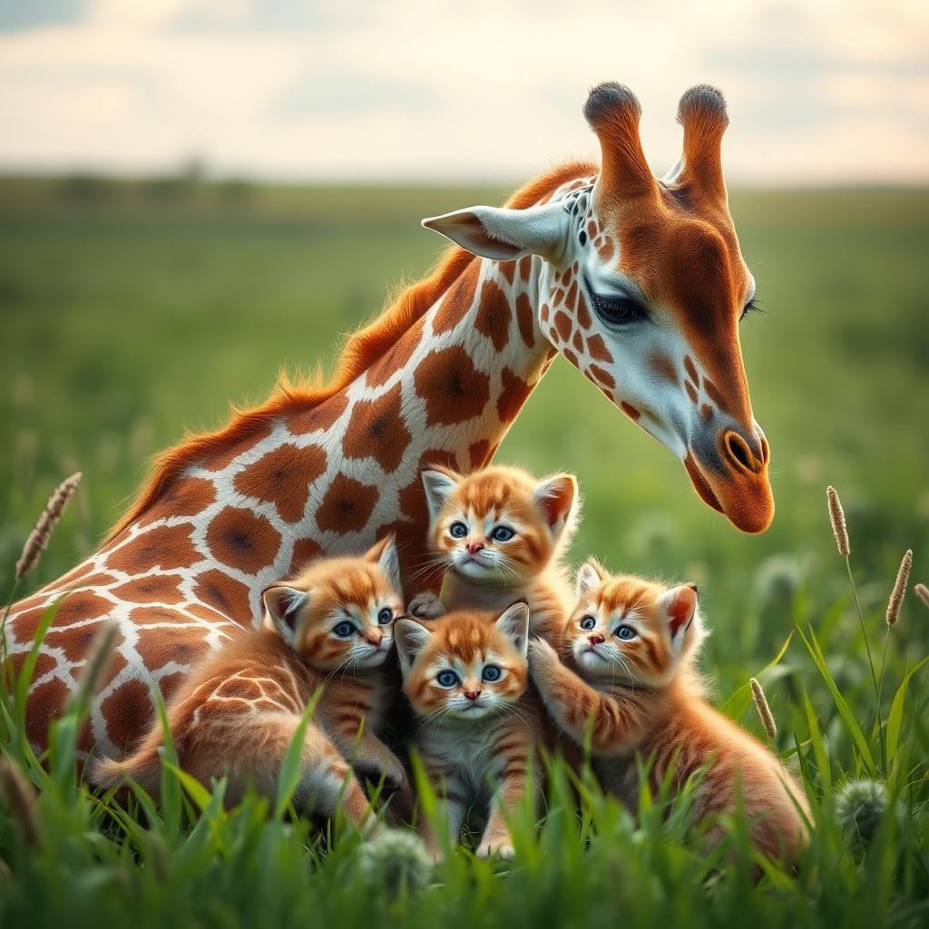A heartwarming scene featuring a mother giraffe tenderly caring for her young, surrounded by a playful mother kitten with two adorable kittens