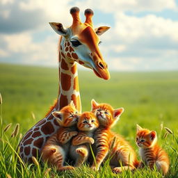 A heartwarming scene featuring a mother giraffe tenderly caring for her young, surrounded by a playful mother kitten with two adorable kittens