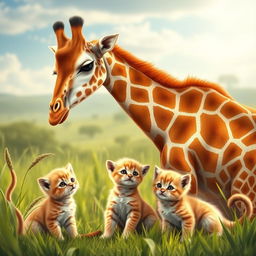 A heartwarming scene featuring a mother giraffe tenderly caring for her young, surrounded by a playful mother kitten with two adorable kittens