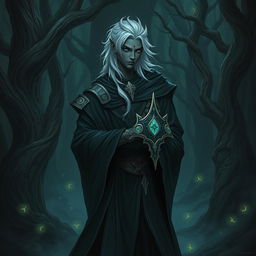 A Shadar-kai paladin, a mysterious and elegant figure with dark skin and striking silver hair, dressed in flowing dark robes that accentuate his ethereal presence