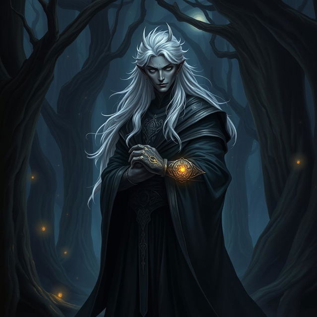 A Shadar-kai paladin, a mysterious and elegant figure with dark skin and striking silver hair, dressed in flowing dark robes that accentuate his ethereal presence