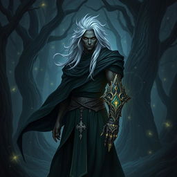 A Shadar-kai paladin, a mysterious and elegant figure with dark skin and striking silver hair, dressed in flowing dark robes that accentuate his ethereal presence