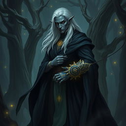 A Shadar-kai paladin, a mysterious and elegant figure with dark skin and striking silver hair, dressed in flowing dark robes that accentuate his ethereal presence