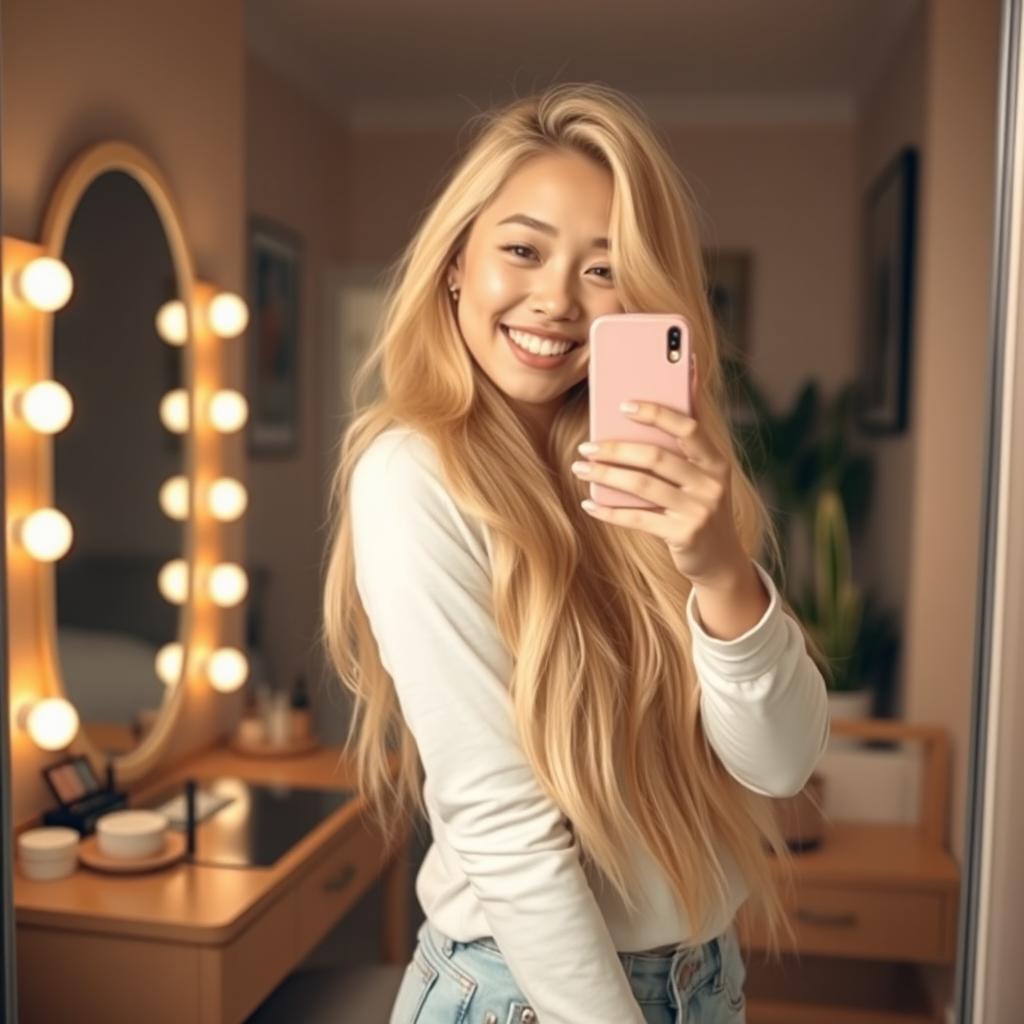 An Asian girl with long, flowing blonde hair standing in front of a mirror, smiling as she takes a selfie