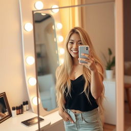 An Asian girl with long, flowing blonde hair standing in front of a mirror, smiling as she takes a selfie