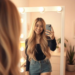 An Asian girl with long, flowing blonde hair standing in front of a mirror, smiling as she takes a selfie