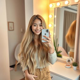 An Asian girl with long, flowing blonde hair standing in front of a mirror, smiling as she takes a selfie