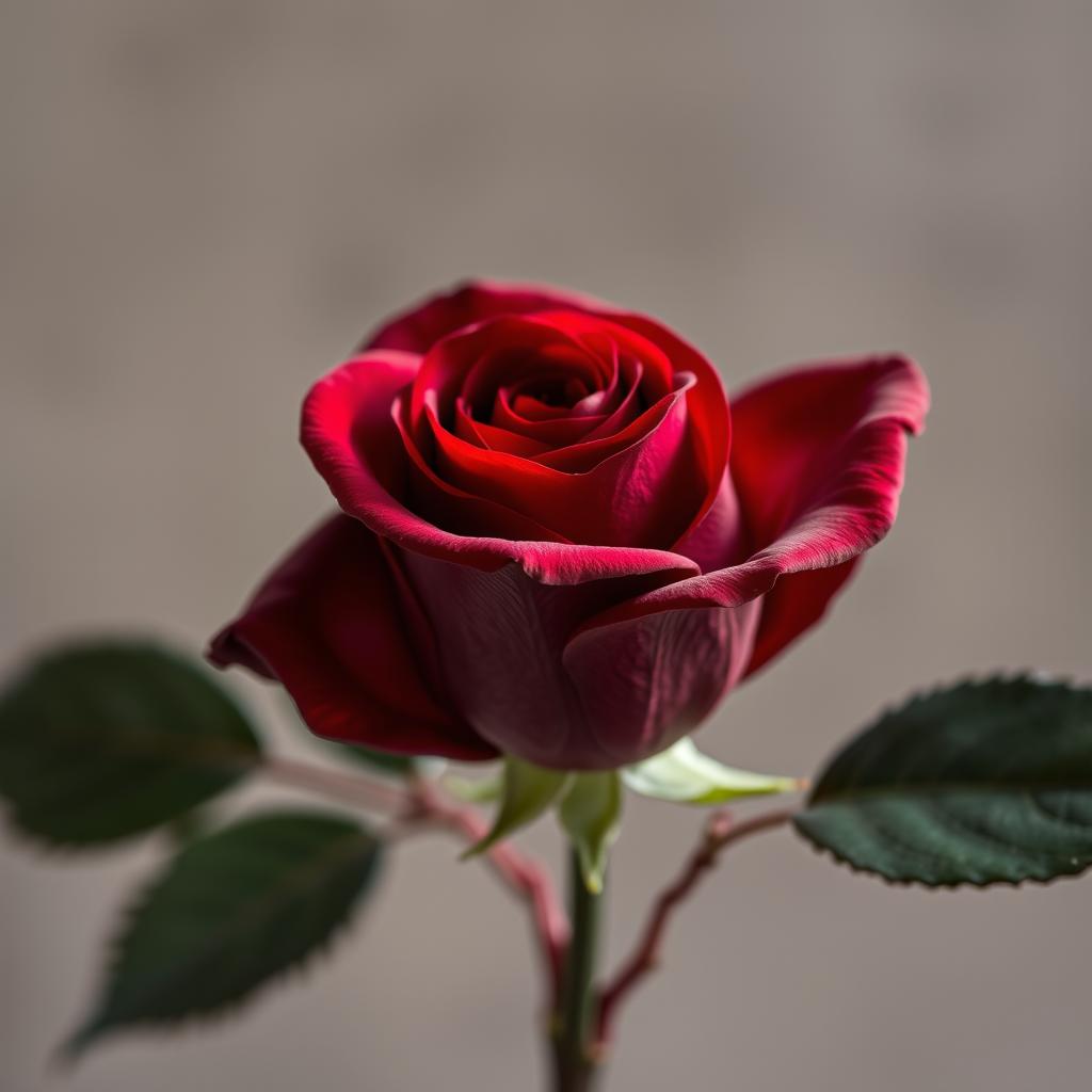 A single, deep crimson rose in a close-up, slightly low-angle shot
