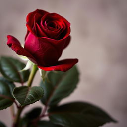 A single, deep crimson rose in a close-up, slightly low-angle shot