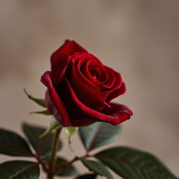 A single, deep crimson rose in a close-up, slightly low-angle shot