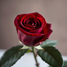 A single, deep crimson rose in a close-up, slightly low-angle shot