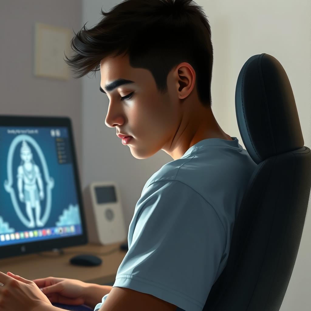 A young male sitting in a chair in front of a computer at a side angle, focused on putting a meditation mantra of Lord Shiva on the internet