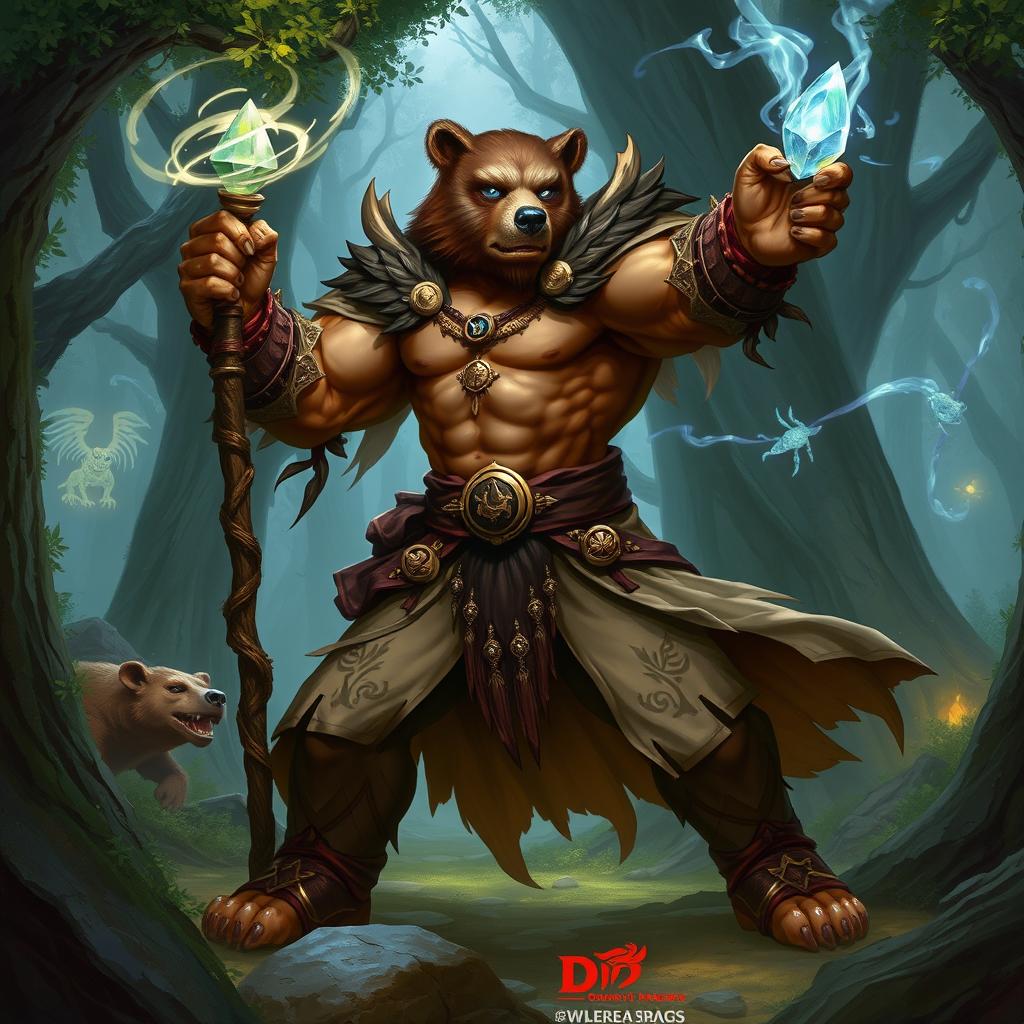 A powerful Shifter Bear Mage from a Dungeons & Dragons fantasy setting, portrayed in a dynamic pose