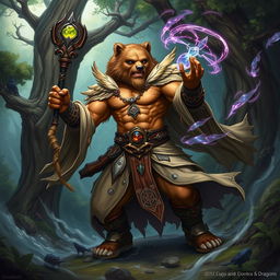 A powerful Shifter Bear Mage from a Dungeons & Dragons fantasy setting, portrayed in a dynamic pose