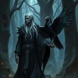 A Shadar-kai warlock, an ethereal figure with dark skin and striking silver hair, stands gracefully in a mystical forest
