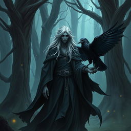 A Shadar-kai warlock, an ethereal figure with dark skin and striking silver hair, stands gracefully in a mystical forest