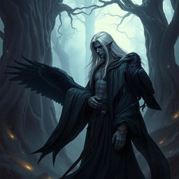 A Shadar-kai warlock, an ethereal figure with dark skin and striking silver hair, stands gracefully in a mystical forest