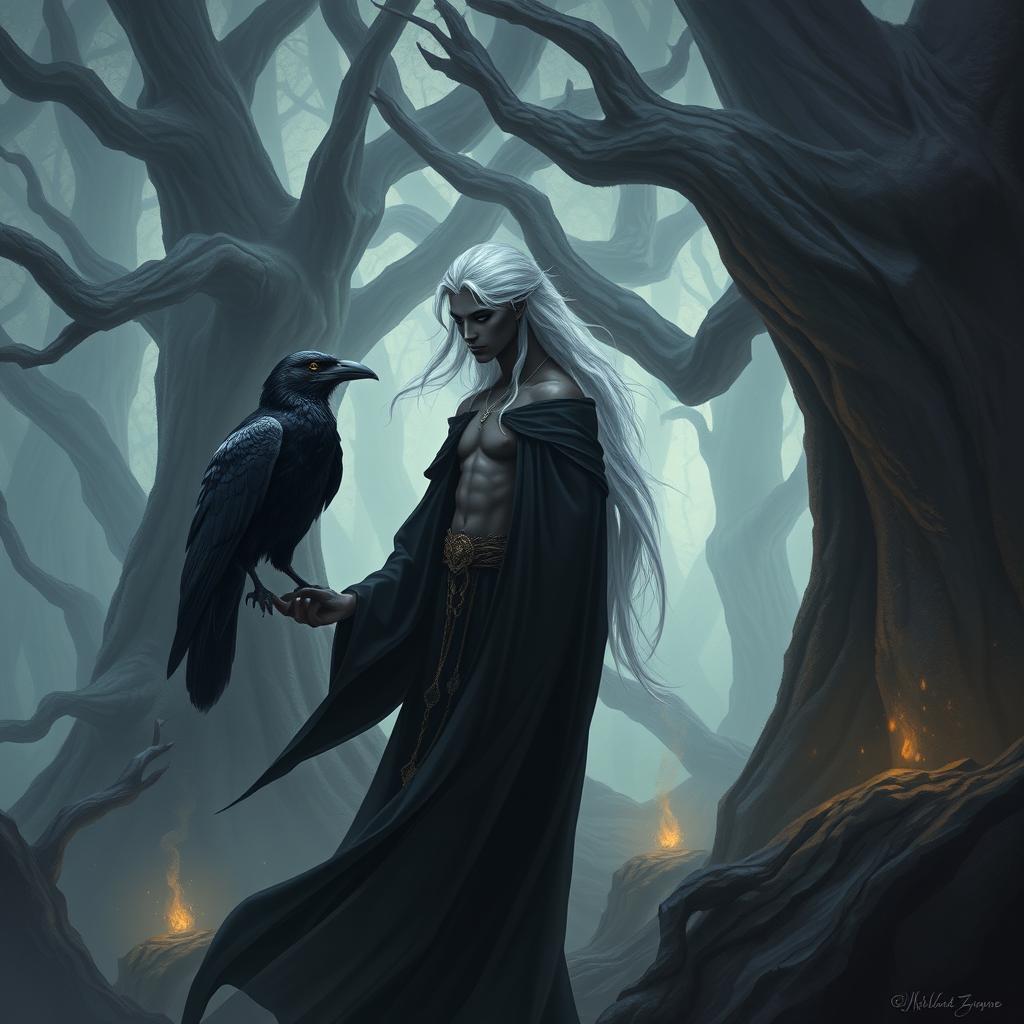 A Shadar-kai warlock, an ethereal figure with dark skin and striking silver hair, stands gracefully in a mystical forest