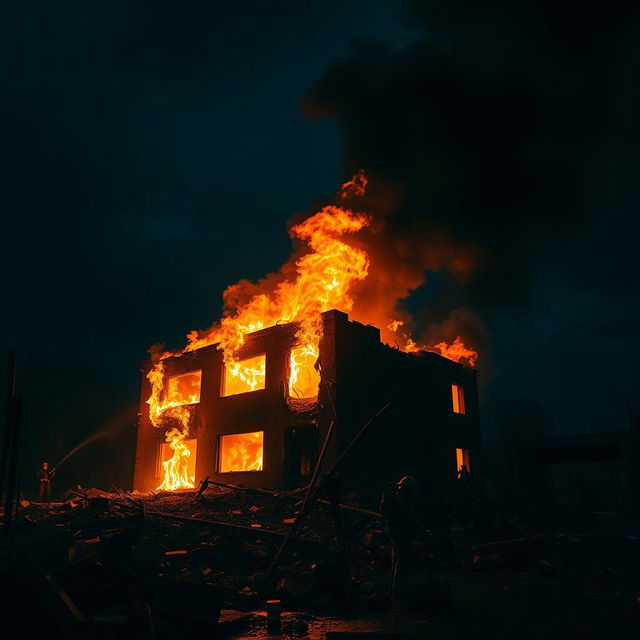 A dramatic scene featuring a building engulfed in flames and surrounded by rubble