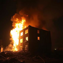 A dramatic scene featuring a building engulfed in flames and surrounded by rubble