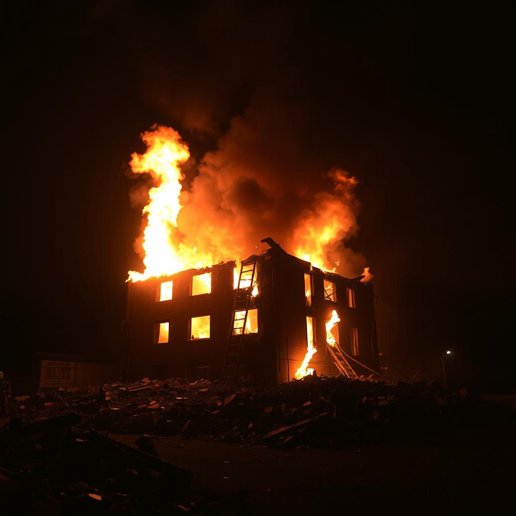 A dramatic scene featuring a building engulfed in flames and surrounded by rubble