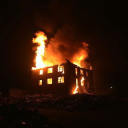 A dramatic scene featuring a building engulfed in flames and surrounded by rubble