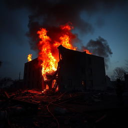 A dramatic scene featuring a building engulfed in flames and surrounded by rubble