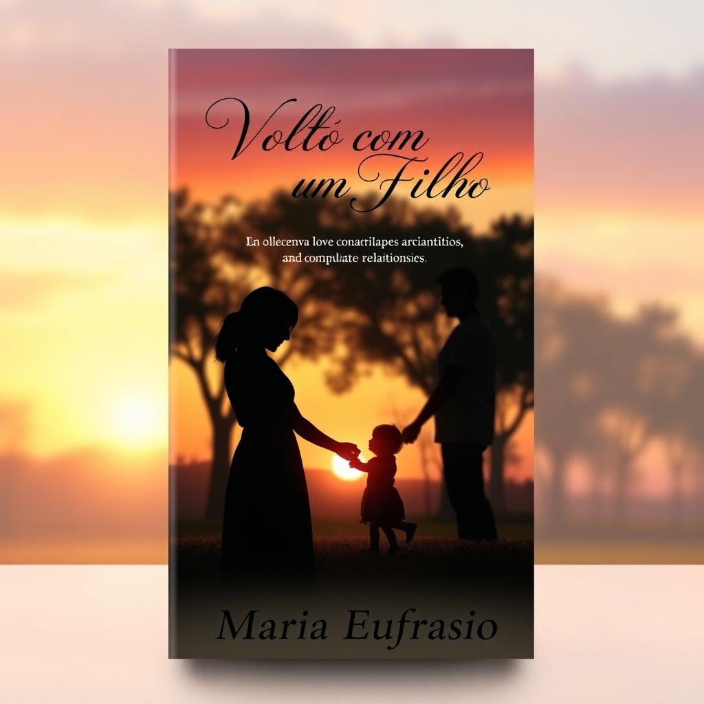 A romantic book cover design for a novel titled 'Volto com um Filho', featuring themes of love, reconciliation, and complicated relationships
