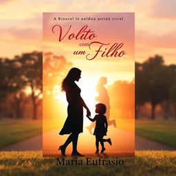 A romantic book cover design for a novel titled 'Volto com um Filho', featuring themes of love, reconciliation, and complicated relationships