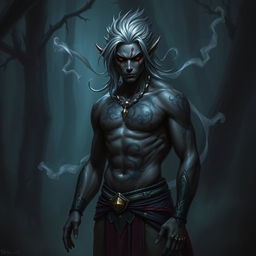 A Shadar-kai warlock, an enigmatic figure with dark skin and striking silver hair, stands confidently in a shadowy environment