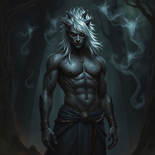 A Shadar-kai warlock, an enigmatic figure with dark skin and striking silver hair, stands confidently in a shadowy environment