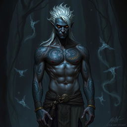 A Shadar-kai warlock, an enigmatic figure with dark skin and striking silver hair, stands confidently in a shadowy environment