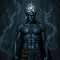A Shadar-kai warlock, an enigmatic figure with dark skin and striking silver hair, stands confidently in a shadowy environment
