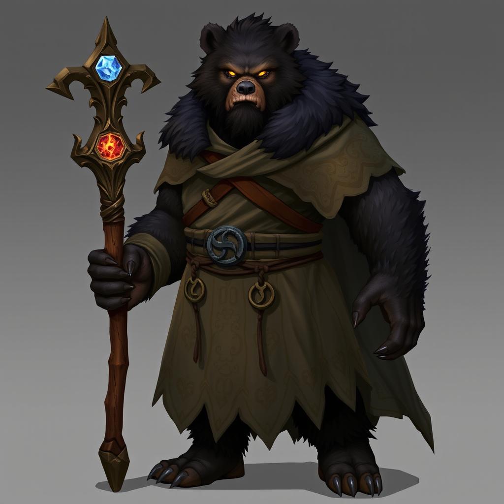 A Dungeons & Dragons character, a Shifter Bear Mage, depicted as a humanoid with a fusion of bear and human traits