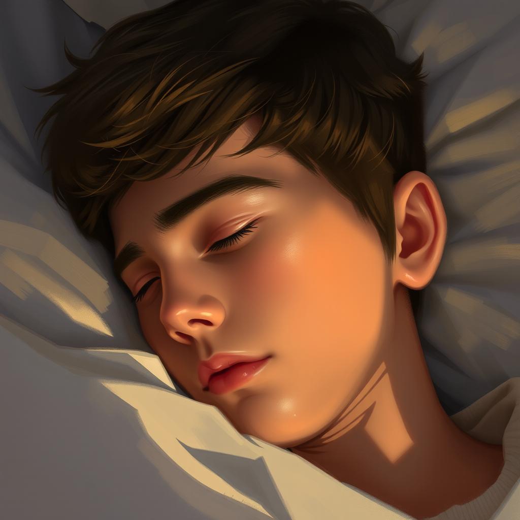 A young male with closed eyes, deeply immersed in his sleep, captured in a close-up view