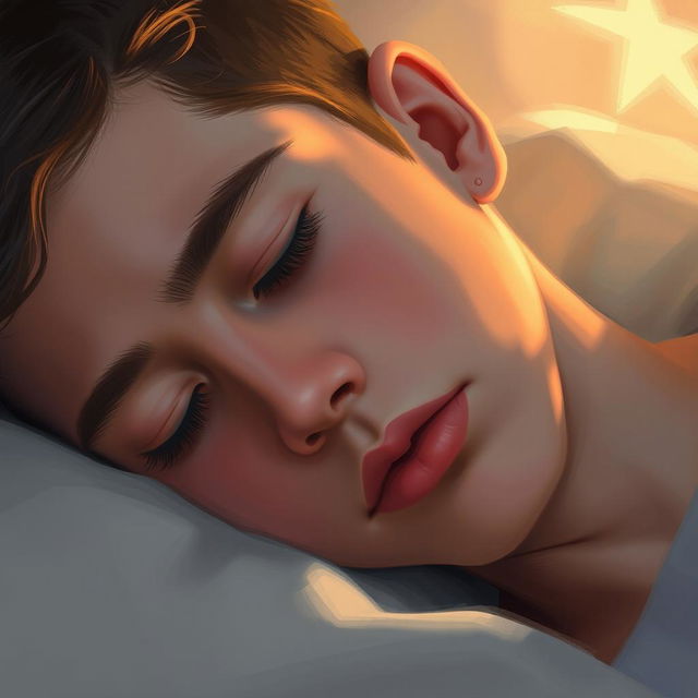 A young male with closed eyes, deeply immersed in his sleep, captured in a close-up view