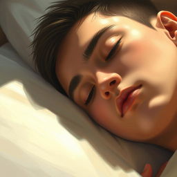 A young male with closed eyes, deeply immersed in his sleep, captured in a close-up view