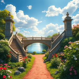A beautifully detailed scene depicting a bridge with stairs on both sides, showing intricate architectural features and lush greenery around