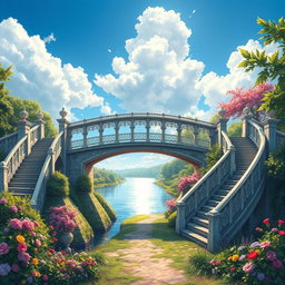 A beautifully detailed scene depicting a bridge with stairs on both sides, showing intricate architectural features and lush greenery around