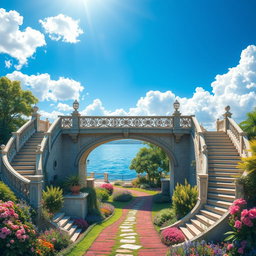 A beautifully detailed scene depicting a bridge with stairs on both sides, showing intricate architectural features and lush greenery around