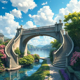A beautifully detailed scene depicting a bridge with stairs on both sides, showing intricate architectural features and lush greenery around