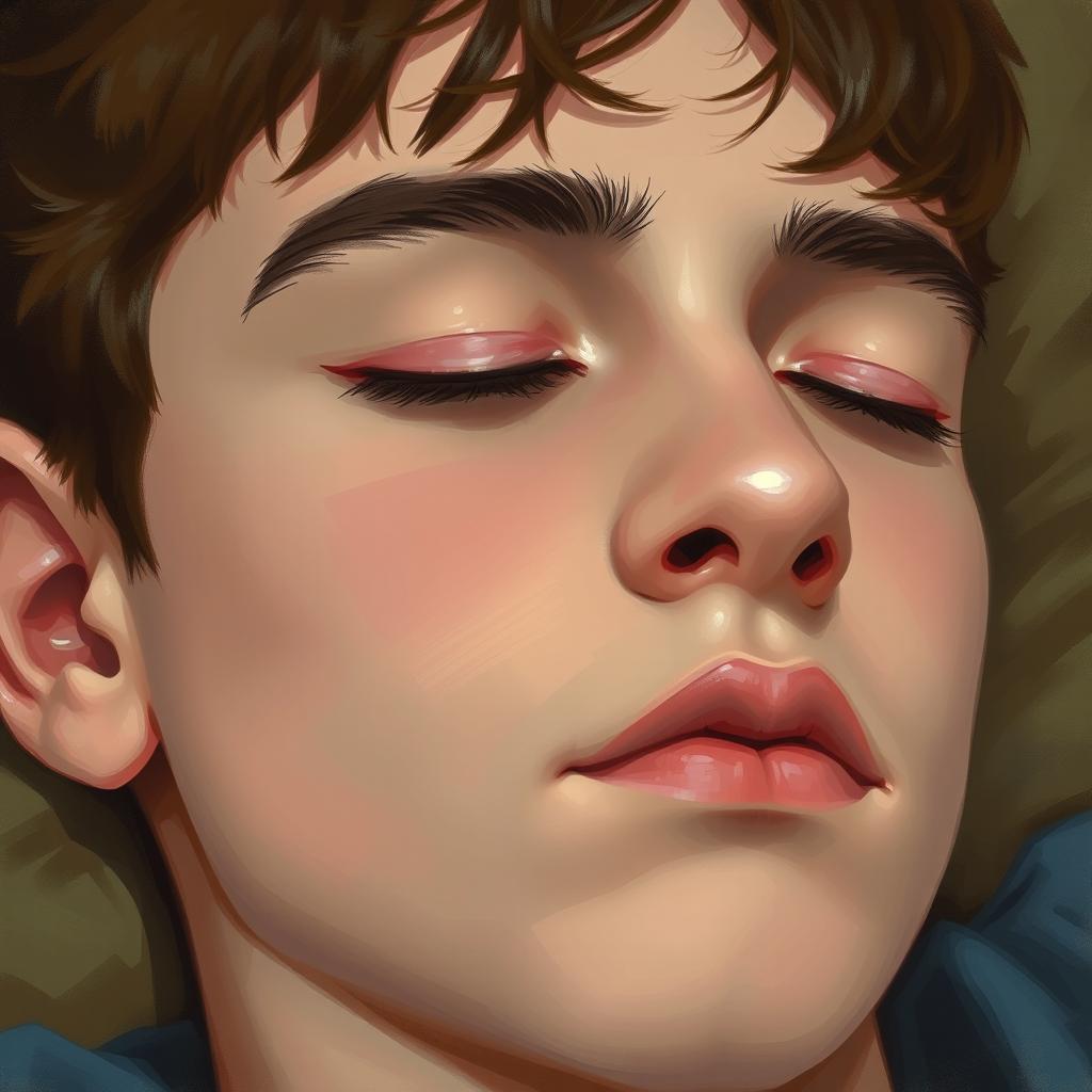 A young male with closed eyes, deeply asleep, depicted in a close-up view