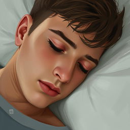 A young male with closed eyes, deeply asleep, depicted in a close-up view