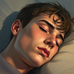 A young male with closed eyes, deeply asleep, depicted in a close-up view